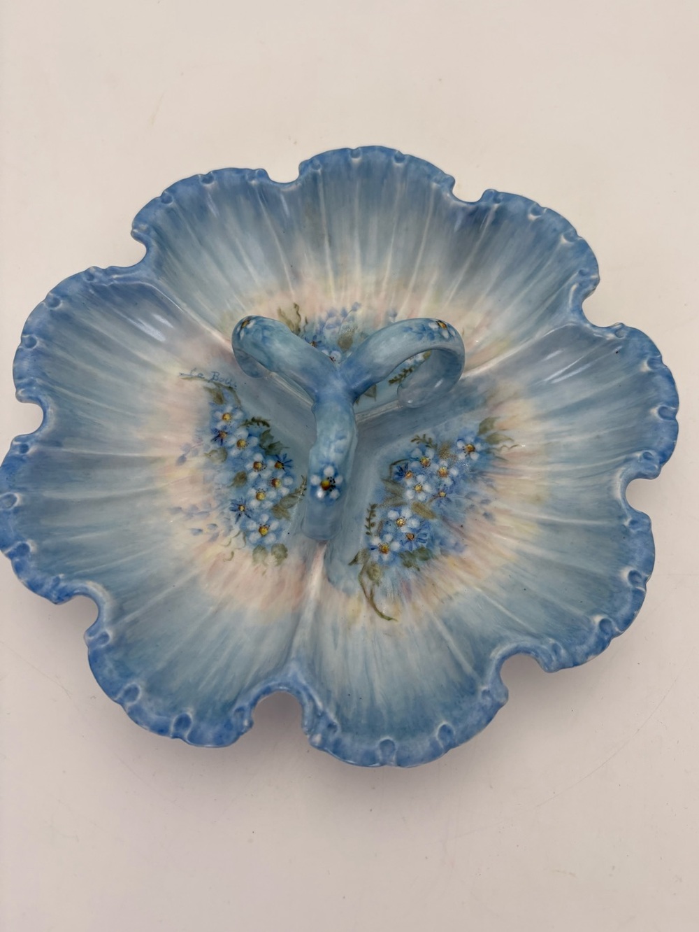 Vintage Blue Floral Porcelain Divided Serving/Trinket Dish with Double Handle